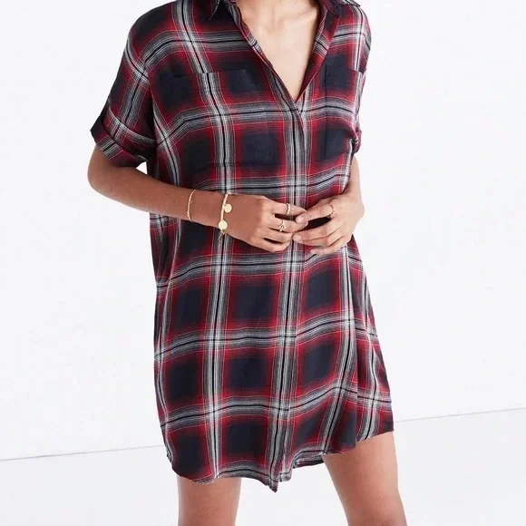 Madewell Courier Red Black Rollins Plaid Button Down Shirt Dress Mini Small - Picture 1 of 11